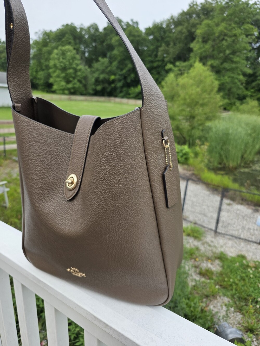 Coach Hadley Pebble Leather Large Shoulder Bag Gold Dark Stone Brown Purse Tote - Picture 2 of 15